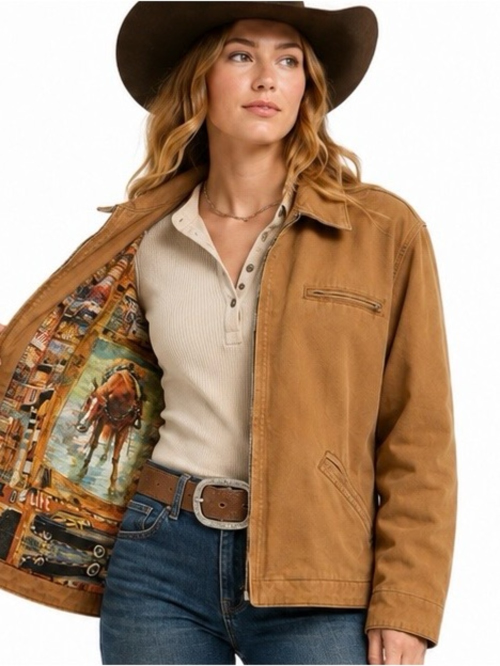 Ethyl XL Western Canvas Jacket Horse Car Novelty Lining Cowboy Workwear